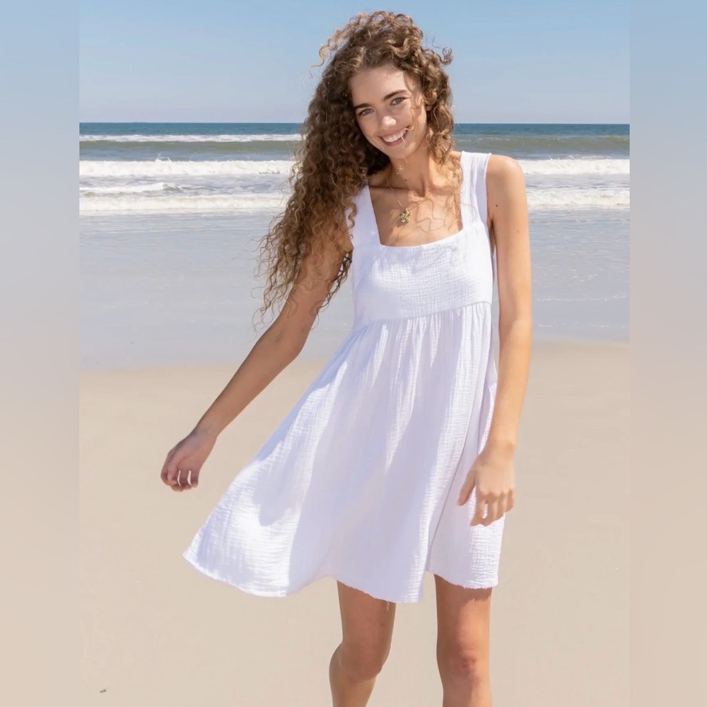 NATURAL LIFE Women’s Tricia Mini Dress White Square Neck Cotton Gauze Beach SM